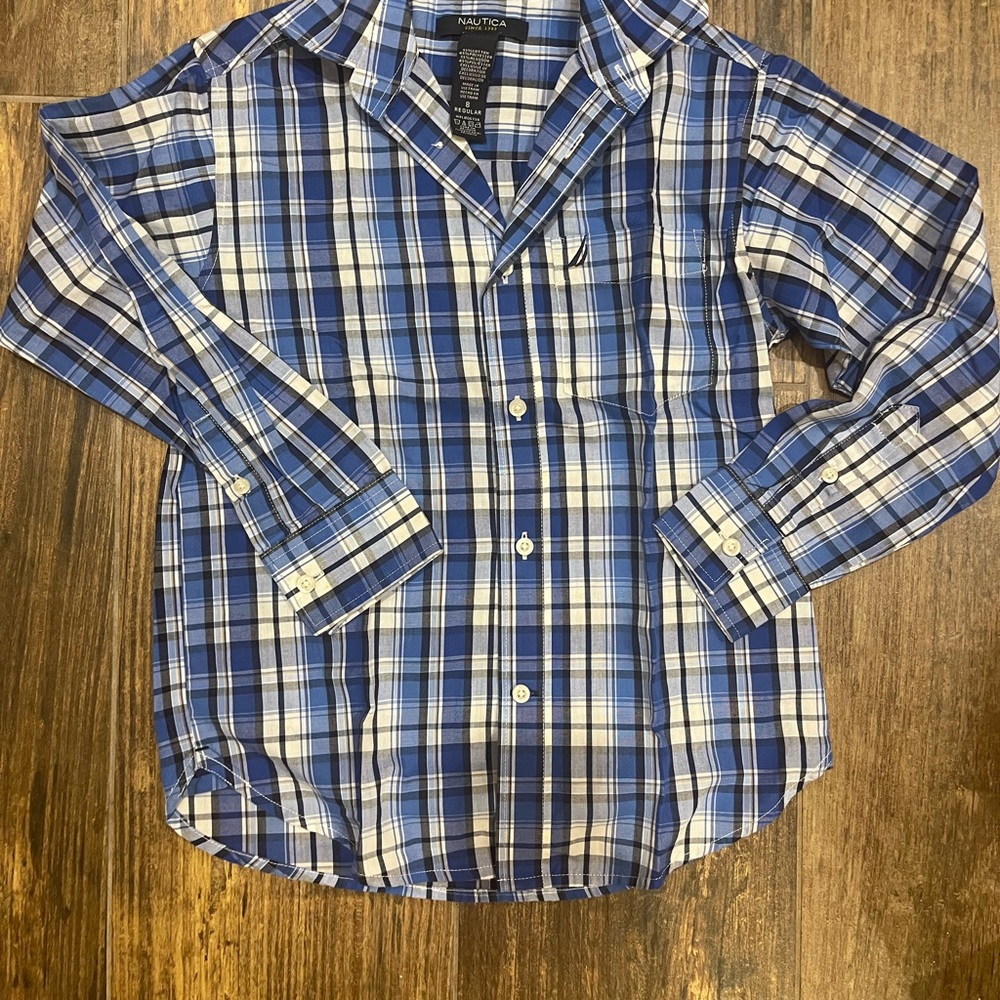 Nautica Boys Blue Plaid button down long sleeve, shirt